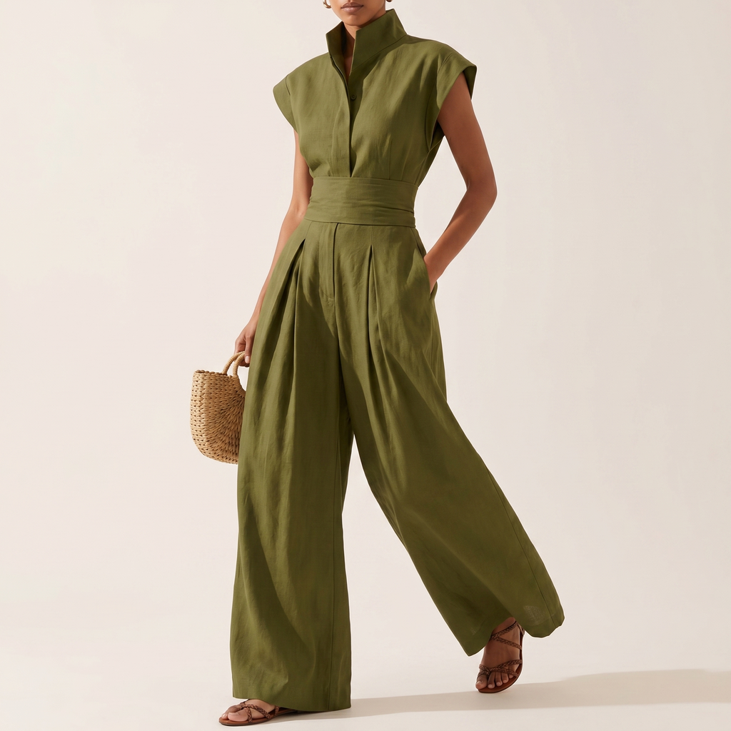 Linen-Blend Cap Sleeve Wide-Leg Jumpsuit for Women - Minimalist Modern Design