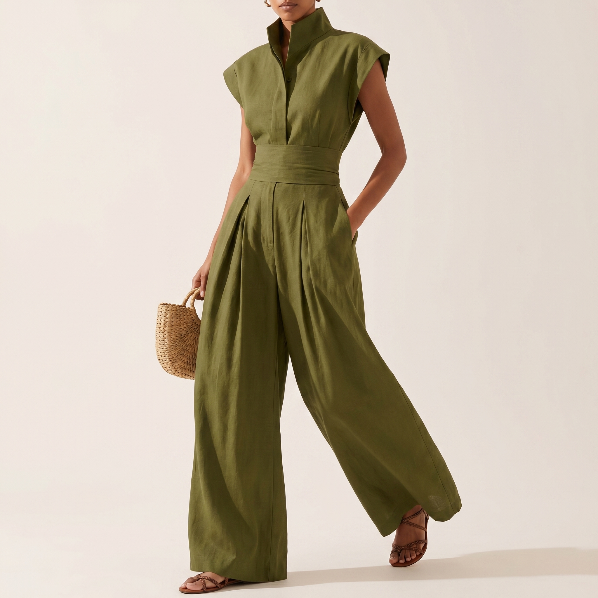 Linen-Blend Cap Sleeve Wide-Leg Jumpsuit for Women - Minimalist Modern Design
