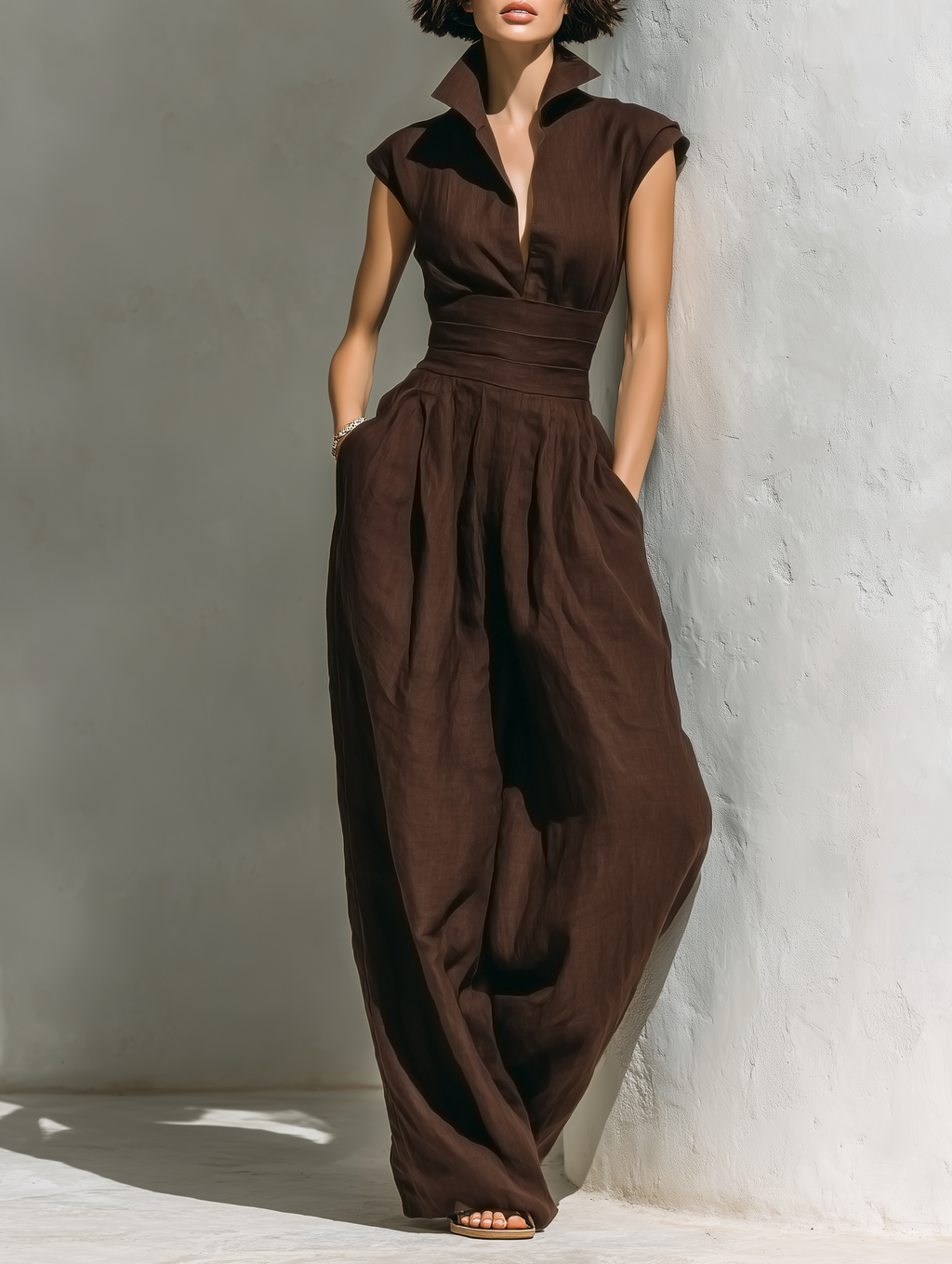 Linen-Blend Cap Sleeve Wide-Leg Jumpsuit for Women - Minimalist Modern Design