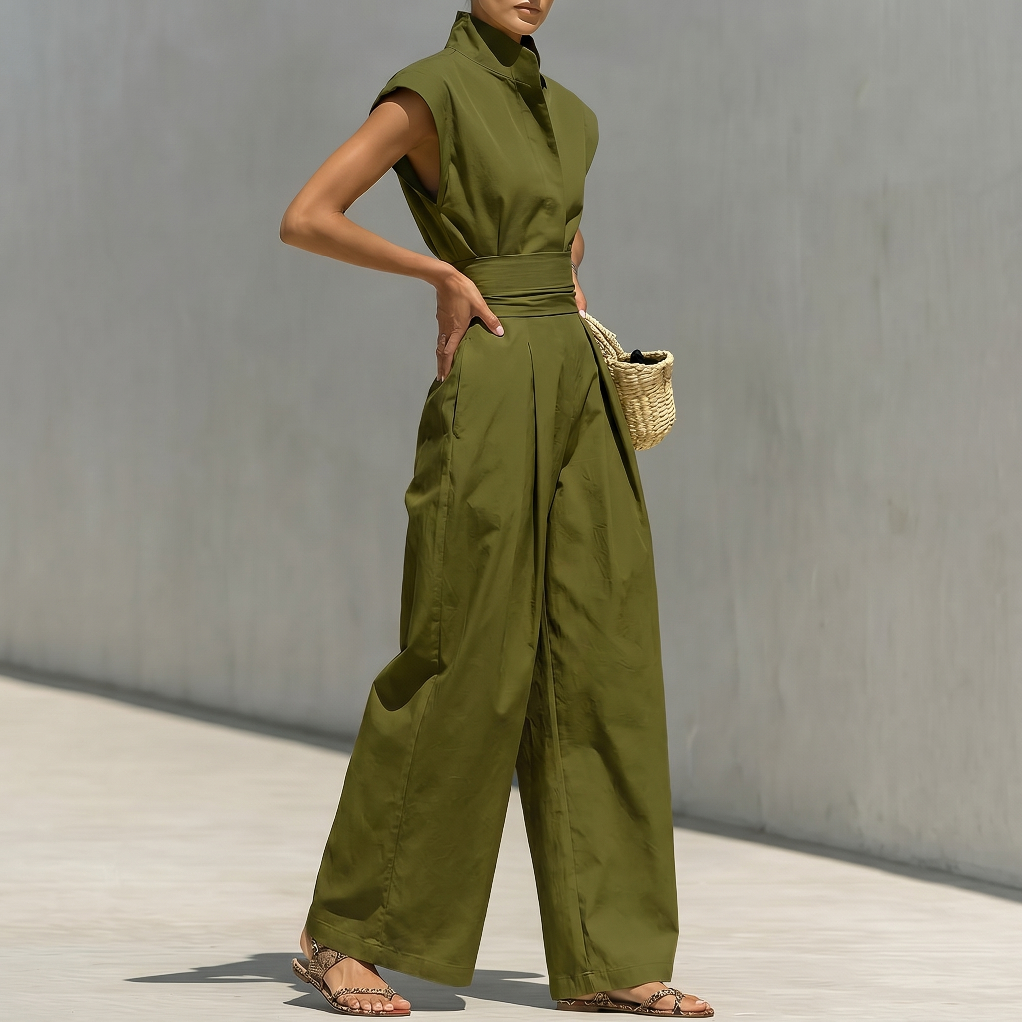 Linen-Blend Cap Sleeve Wide-Leg Jumpsuit for Women - Minimalist Modern Design