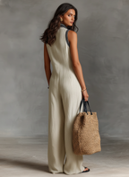 Linen Blend Embroidered Jumpsuit for Women - Sleeveless Zip-Front One-Piece