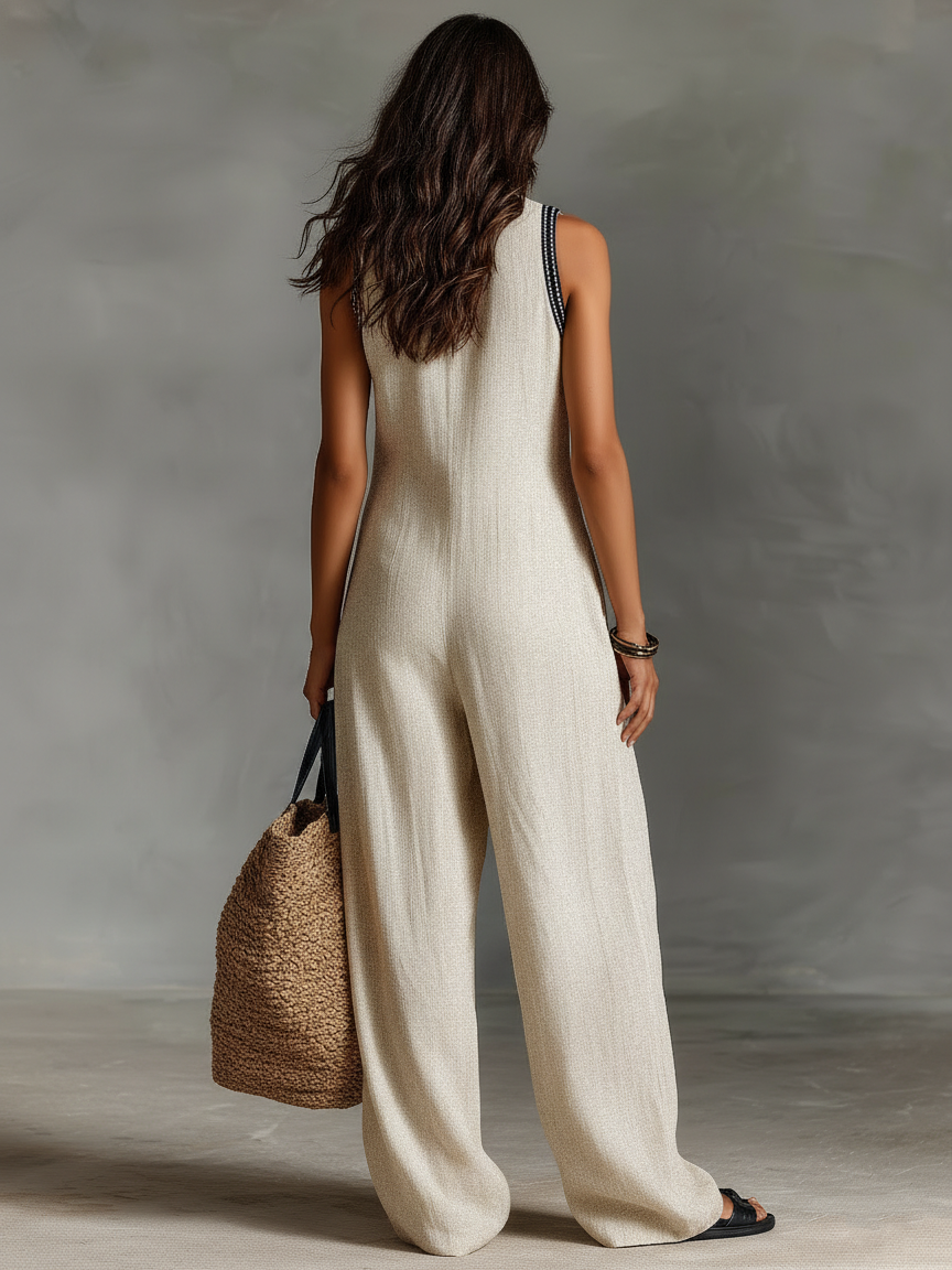 Linen Blend Embroidered Jumpsuit for Women - Sleeveless Zip-Front One-Piece