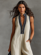 Linen Blend Embroidered Jumpsuit for Women - Sleeveless Zip-Front One-Piece