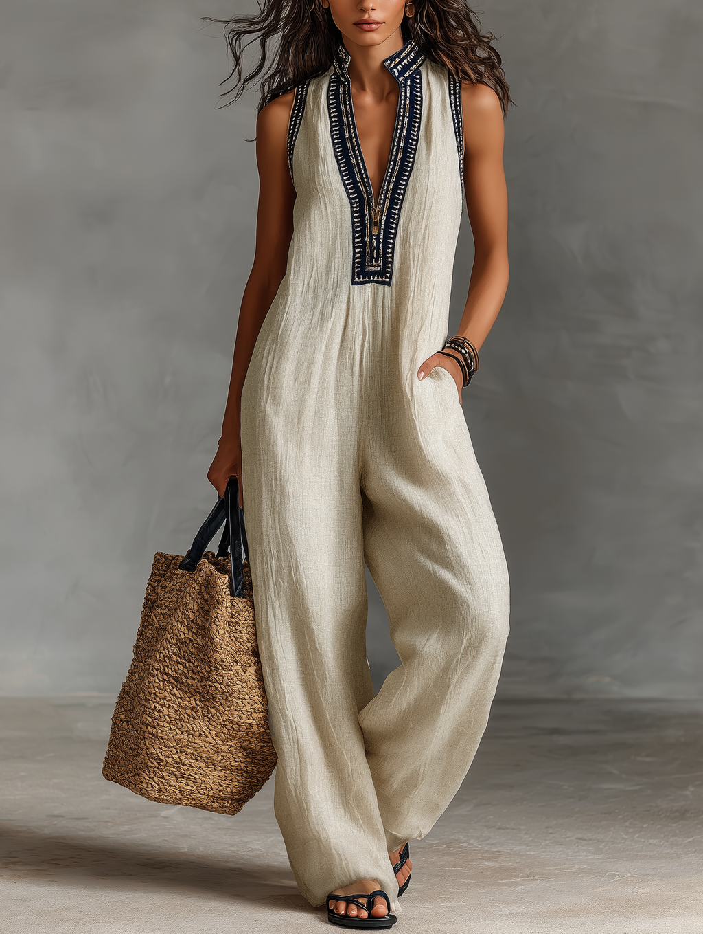 Linen Blend Embroidered Jumpsuit for Women - Sleeveless Zip-Front One-Piece