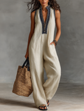 Linen Blend Embroidered Jumpsuit for Women - Sleeveless Zip-Front One-Piece
