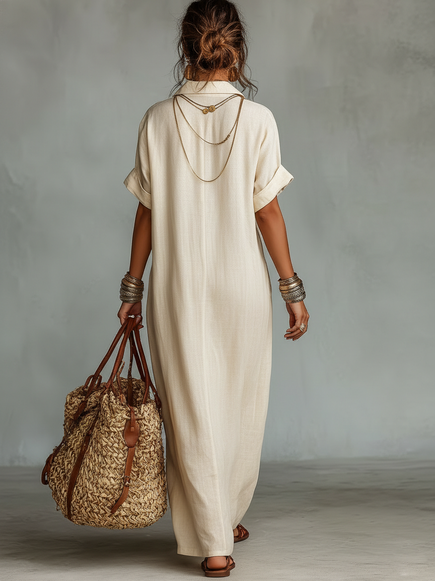 Linen Blend Embroidered Maxi Dress for Women - Short Sleeve Summer Wear