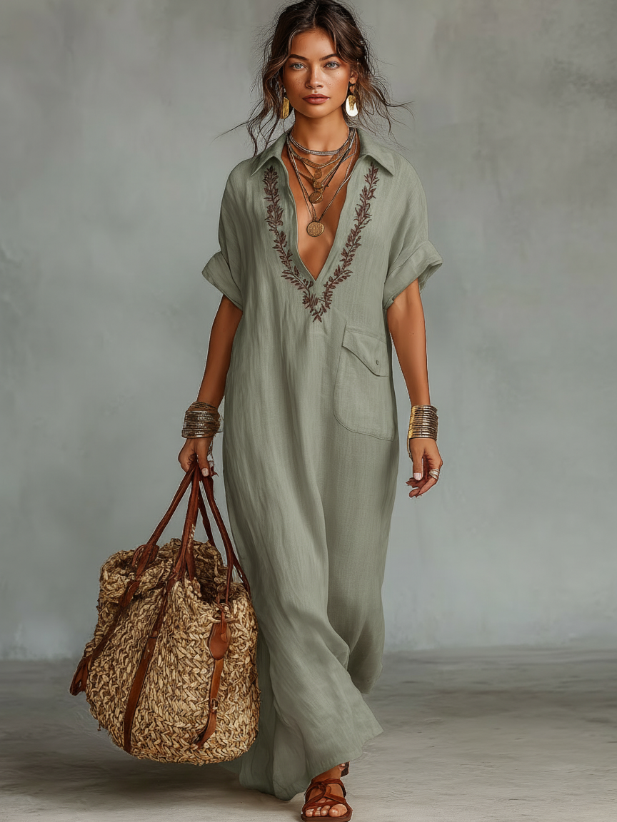 Linen Blend Embroidered Maxi Dress for Women - Short Sleeve Summer Wear