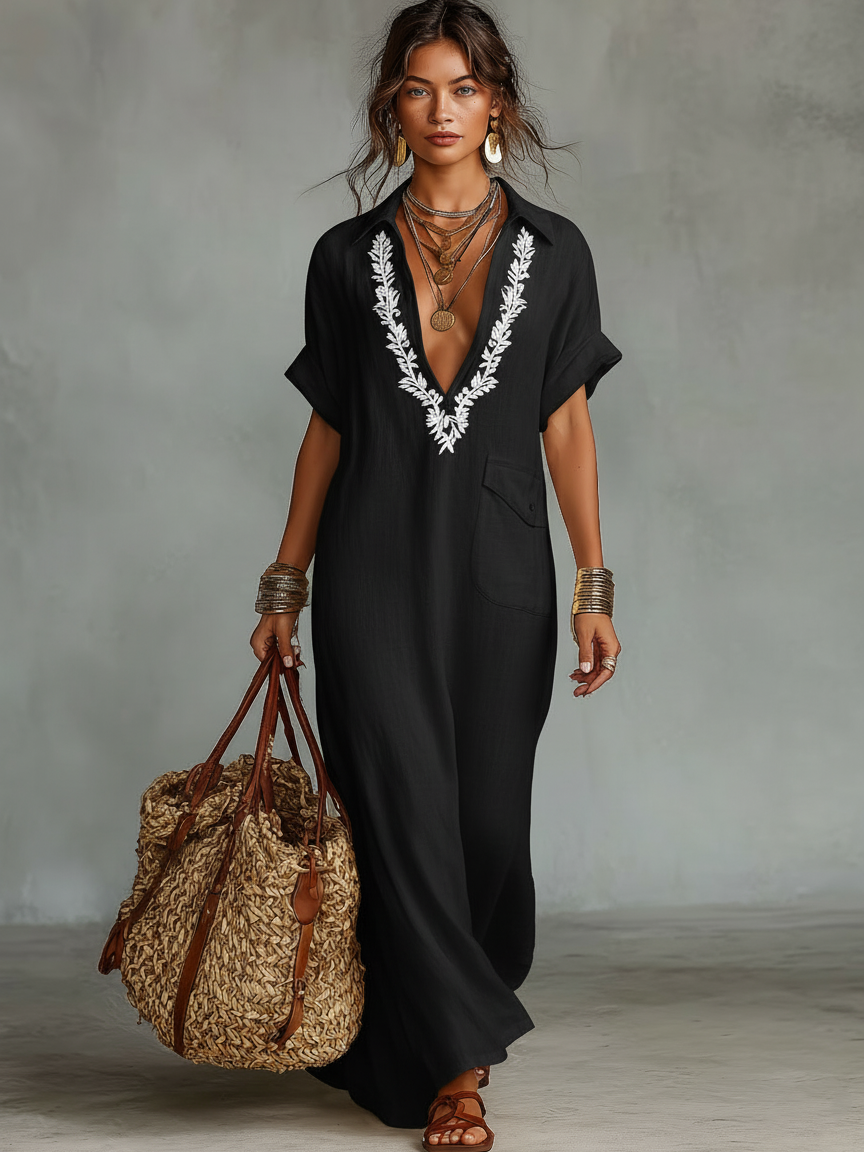 Linen Blend Embroidered Maxi Dress for Women - Short Sleeve Summer Wear