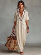 Linen Blend Embroidered Maxi Dress for Women - Short Sleeve Summer Wear