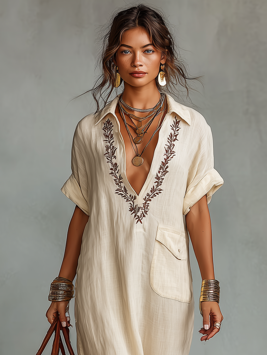 Linen Blend Embroidered Maxi Dress for Women - Short Sleeve Summer Wear