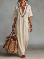 Linen Blend Embroidered Maxi Dress for Women - Short Sleeve Summer Wear