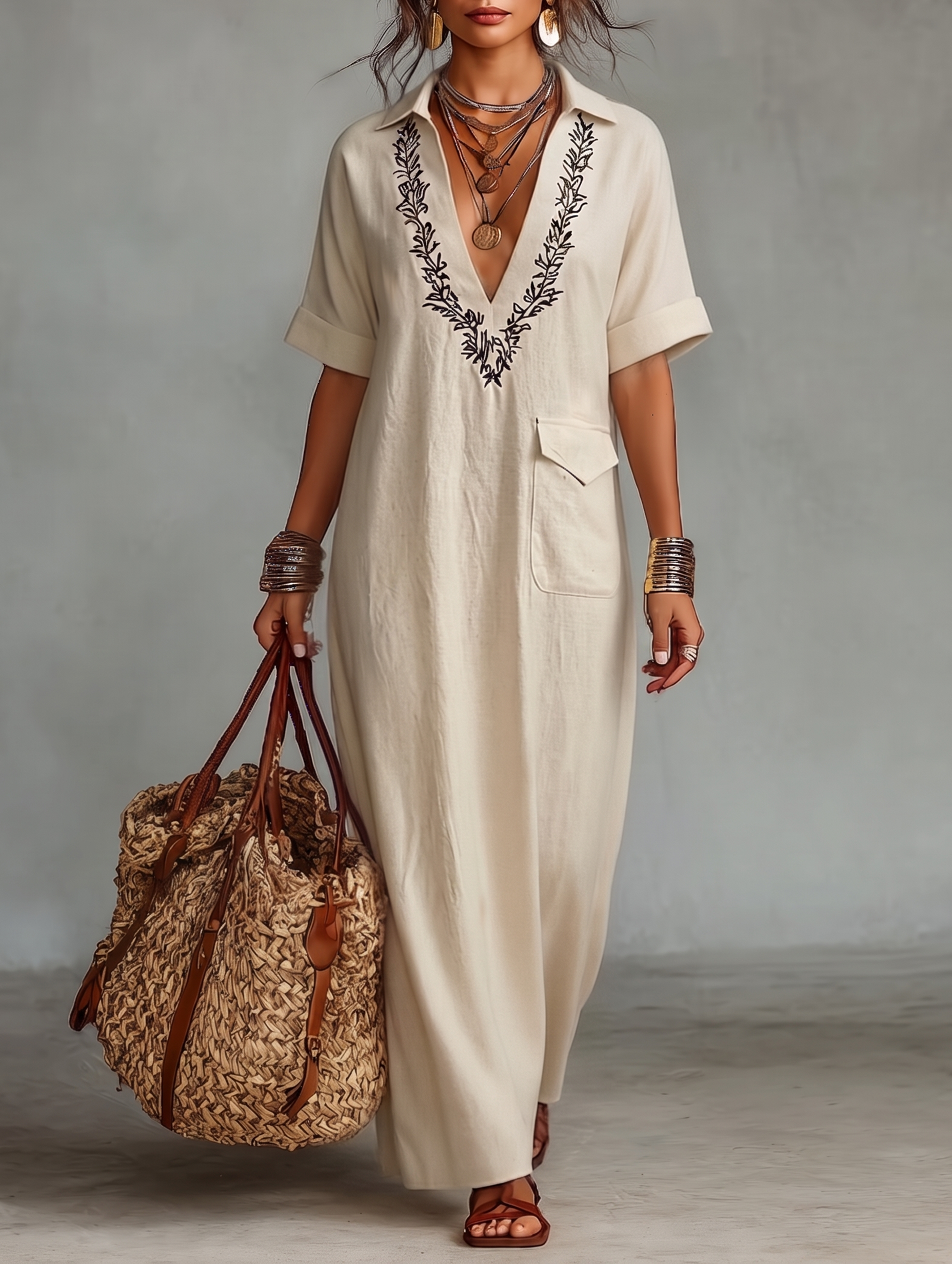 Linen Blend Embroidered Maxi Dress for Women - Short Sleeve Summer Wear