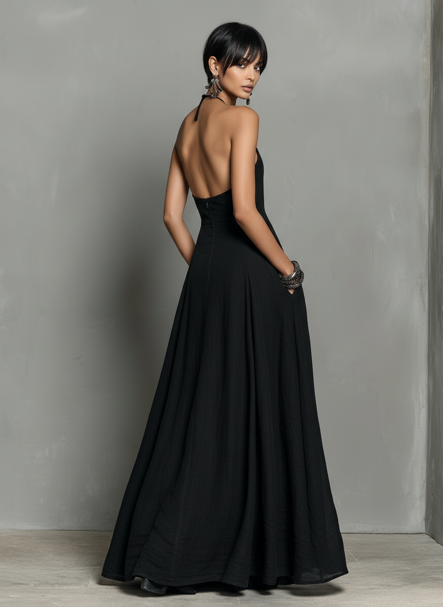 Linen Blend Halter Neck Maxi Dress for Women - Sleeveless Minimalist Style