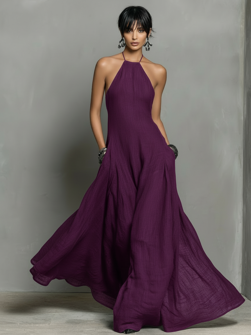 Linen Blend Halter Neck Maxi Dress for Women - Sleeveless Minimalist Style