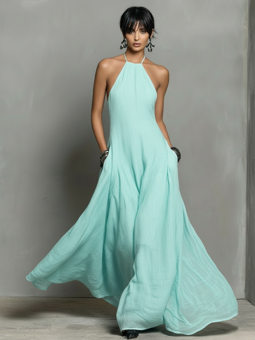 Linen Blend Halter Neck Maxi Dress for Women - Sleeveless Minimalist Style