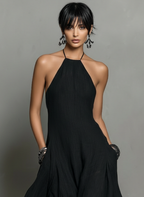 Linen Blend Halter Neck Maxi Dress for Women - Sleeveless Minimalist Style