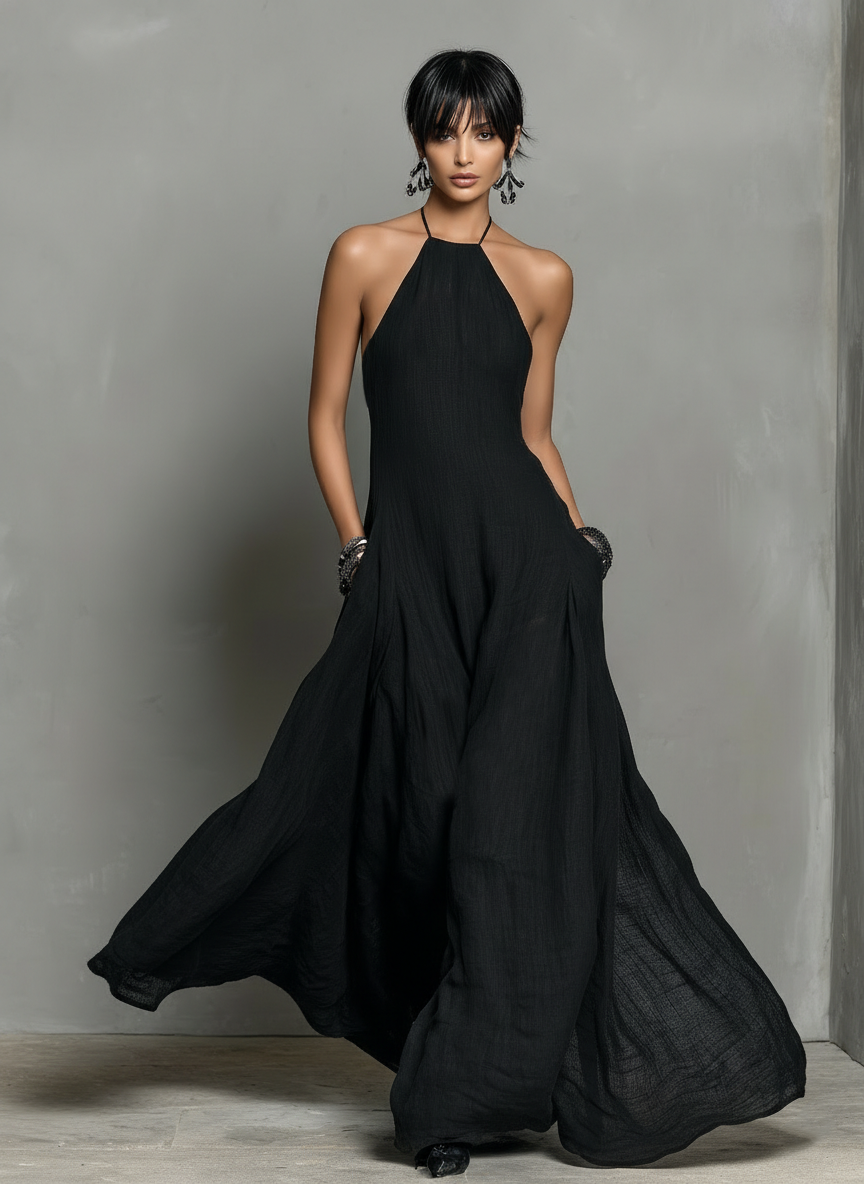 Linen Blend Halter Neck Maxi Dress for Women - Sleeveless Minimalist Style