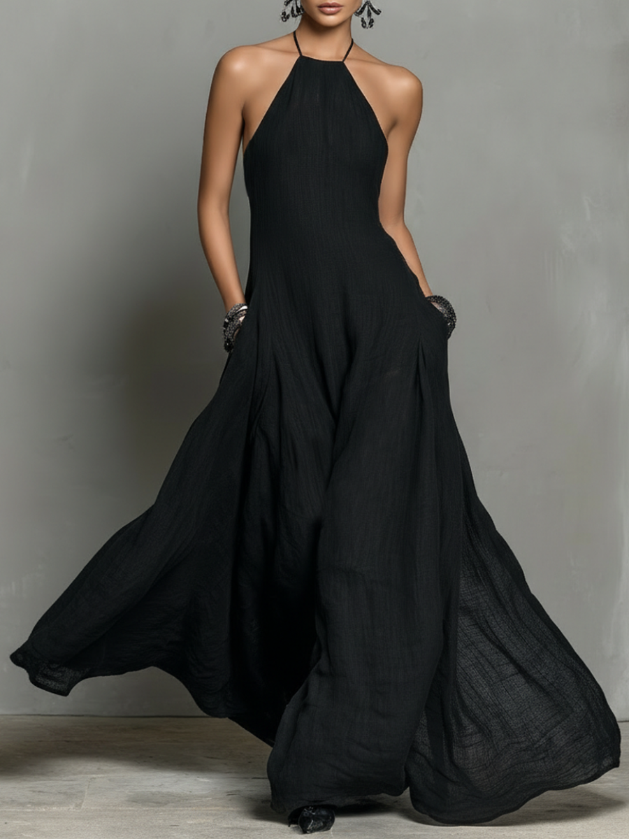 Linen Blend Halter Neck Maxi Dress for Women - Sleeveless Minimalist Style