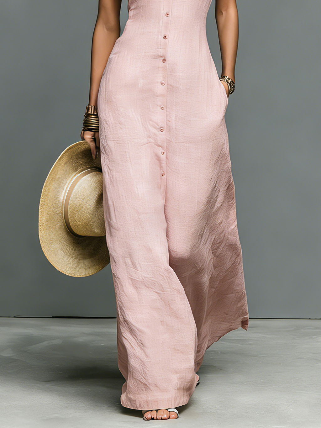 Linen-Blend Maxi Dress for Women - Sleeveless Minimalist Stand-Collar Style