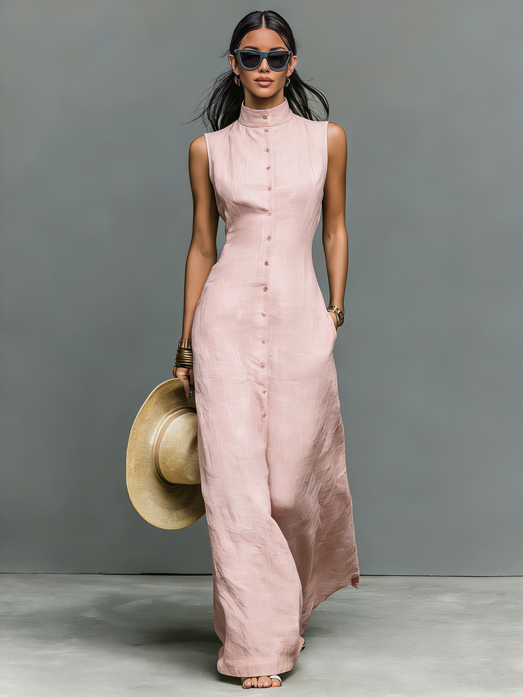 Linen-Blend Maxi Dress for Women - Sleeveless Minimalist Stand-Collar Style