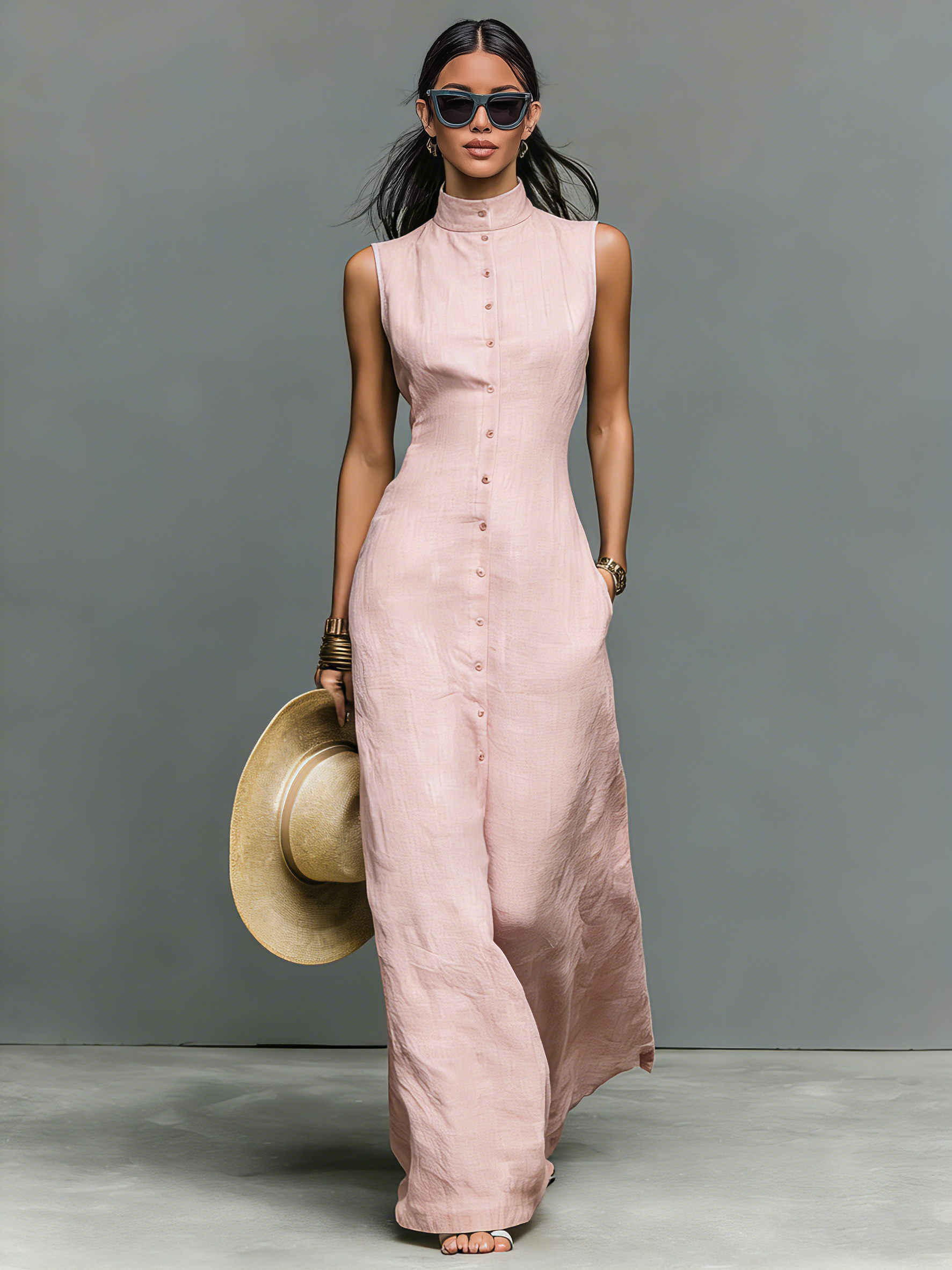 Linen-Blend Maxi Dress for Women - Sleeveless Minimalist Stand-Collar Style