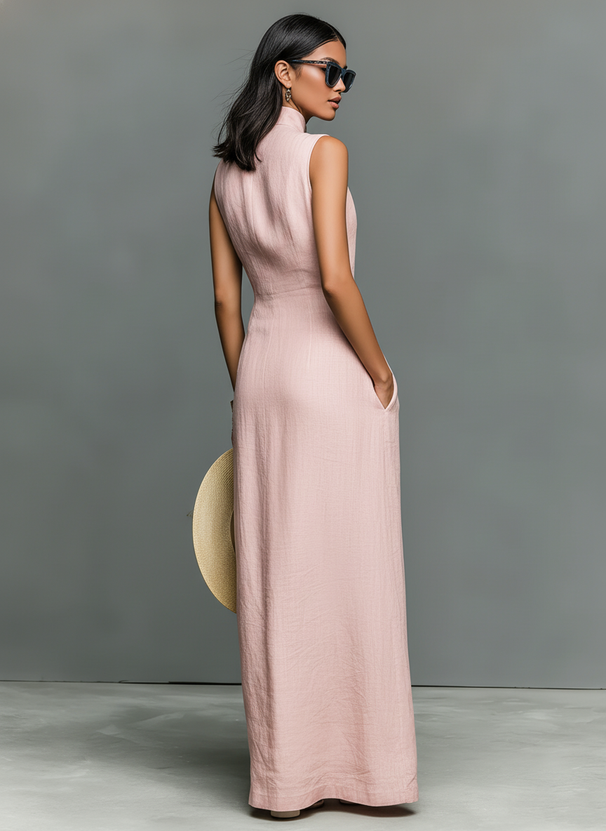 Linen-Blend Maxi Dress for Women - Sleeveless Minimalist Stand-Collar Style