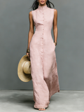Linen-Blend Maxi Dress for Women - Sleeveless Minimalist Stand-Collar Style
