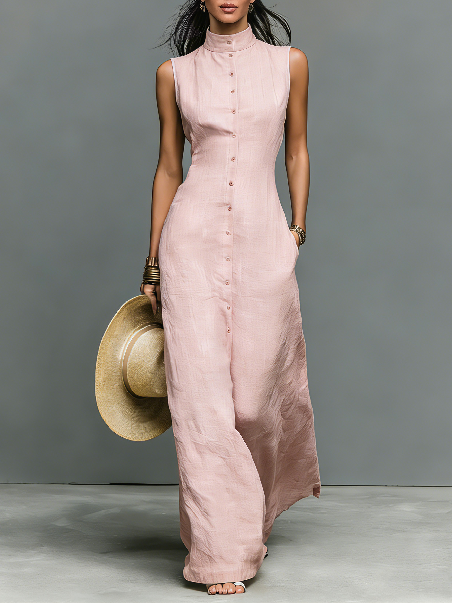 Linen-Blend Maxi Dress for Women - Sleeveless Minimalist Stand-Collar Style