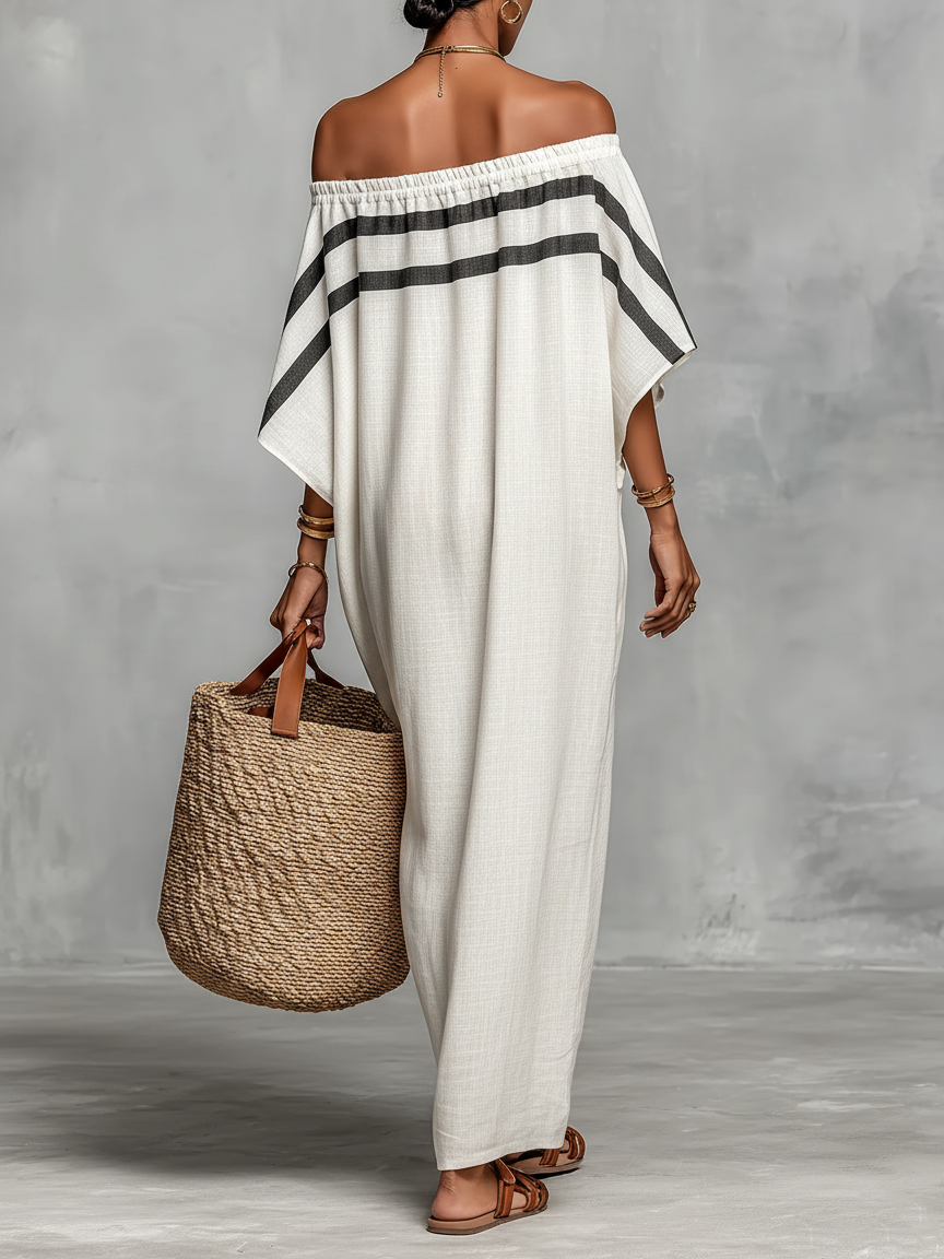 Linen Blend Off-the-Shoulder Maxi Dress with Batwing Sleeves for Women