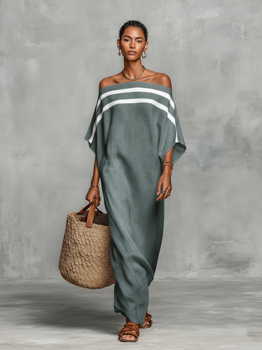 Linen Blend Off-the-Shoulder Maxi Dress with Batwing Sleeves for Women