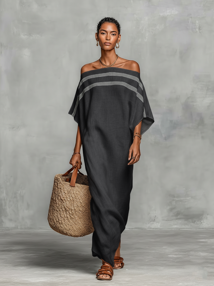 Linen Blend Off-the-Shoulder Maxi Dress with Batwing Sleeves for Women
