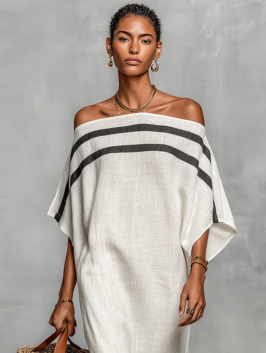 Linen Blend Off-the-Shoulder Maxi Dress with Batwing Sleeves for Women