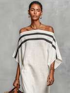 Linen Blend Off-the-Shoulder Maxi Dress with Batwing Sleeves for Women