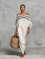 Linen Blend Off-the-Shoulder Maxi Dress with Batwing Sleeves for Women