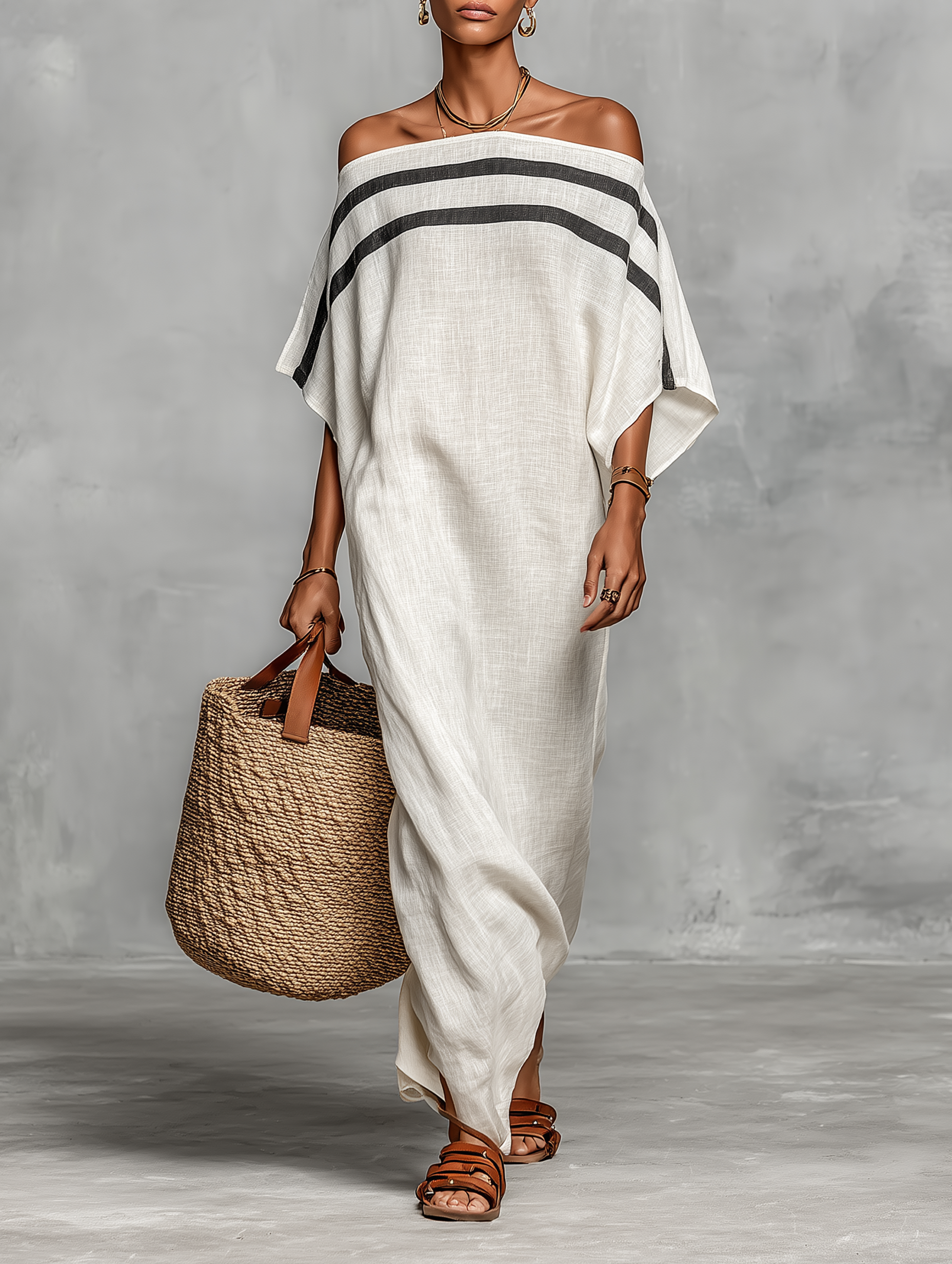 Linen Blend Off-the-Shoulder Maxi Dress with Batwing Sleeves for Women