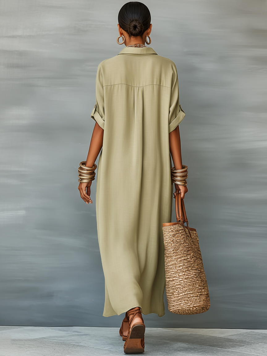 Linen Blend Short-Sleeved Maxi Dress for Women - Minimalist Style