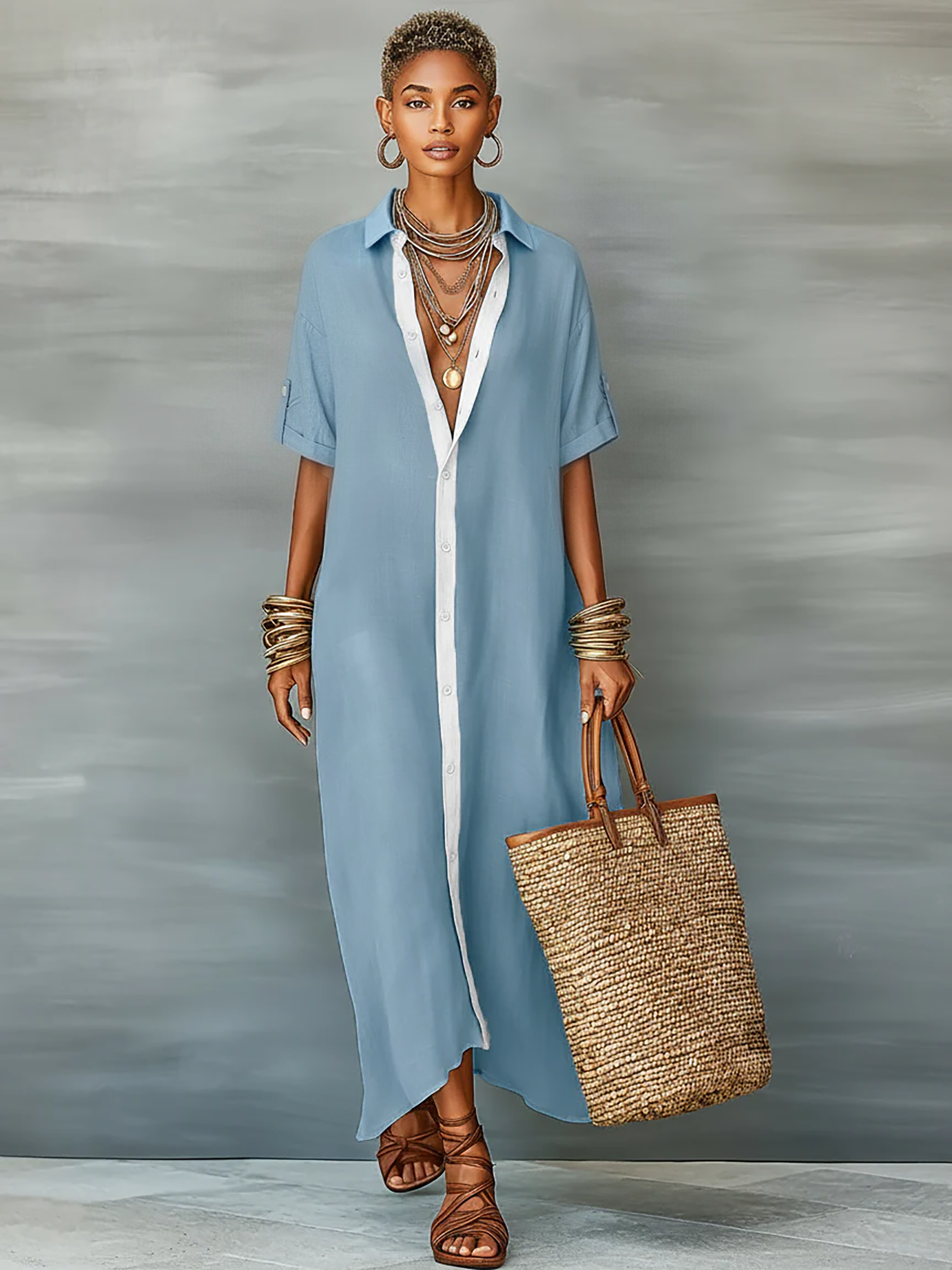 Linen Blend Short-Sleeved Maxi Dress for Women - Minimalist Style