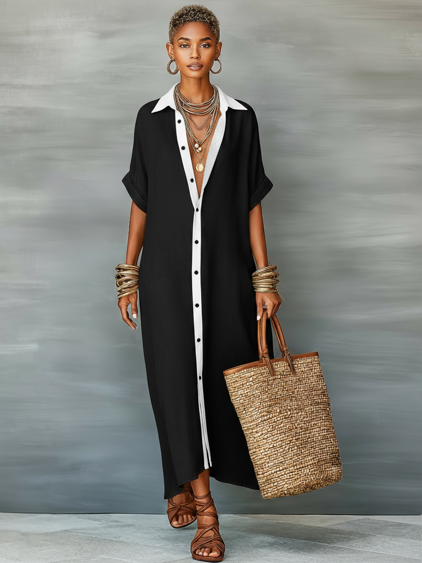 Linen Blend Short-Sleeved Maxi Dress for Women - Minimalist Style