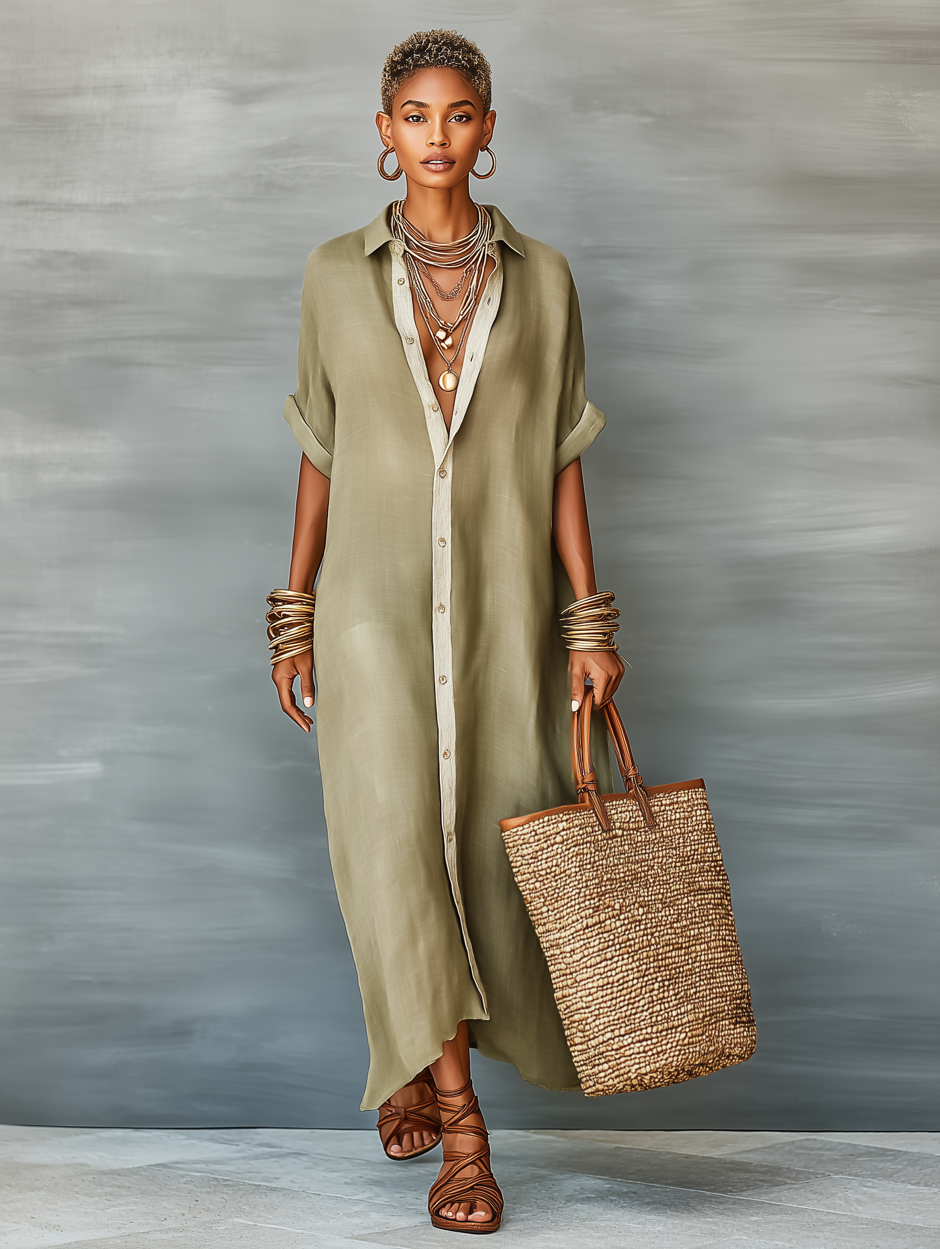 Linen Blend Short-Sleeved Maxi Dress for Women - Minimalist Style