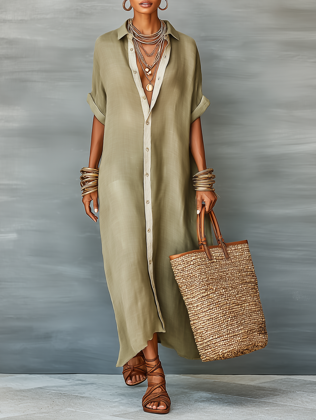 Linen Blend Short-Sleeved Maxi Dress for Women - Minimalist Style