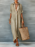 Linen Blend Short-Sleeved Maxi Dress for Women - Minimalist Style