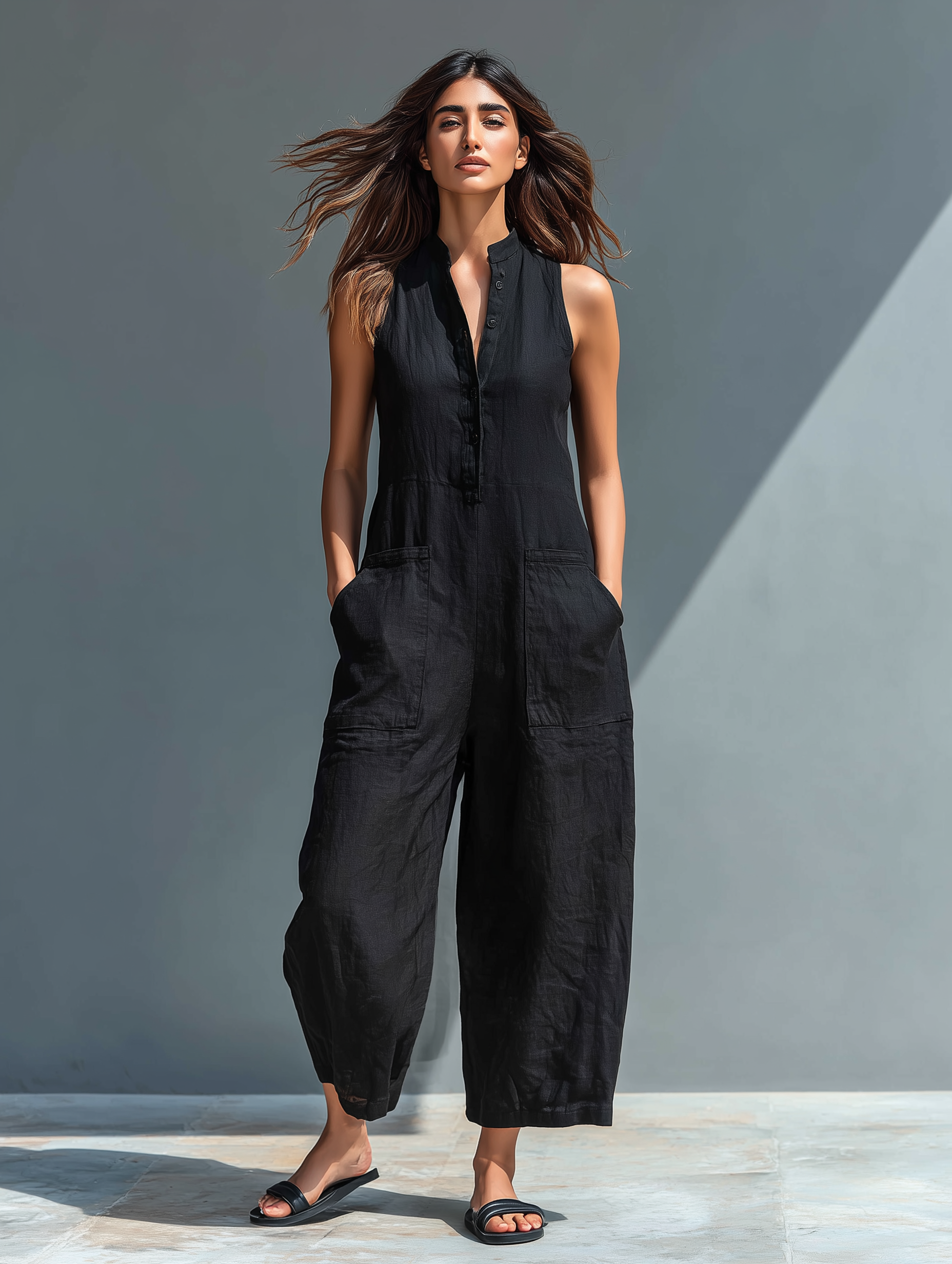 Linen Blend Sleeveless Jumpsuit with Stand Collar for Women - Loose Fit