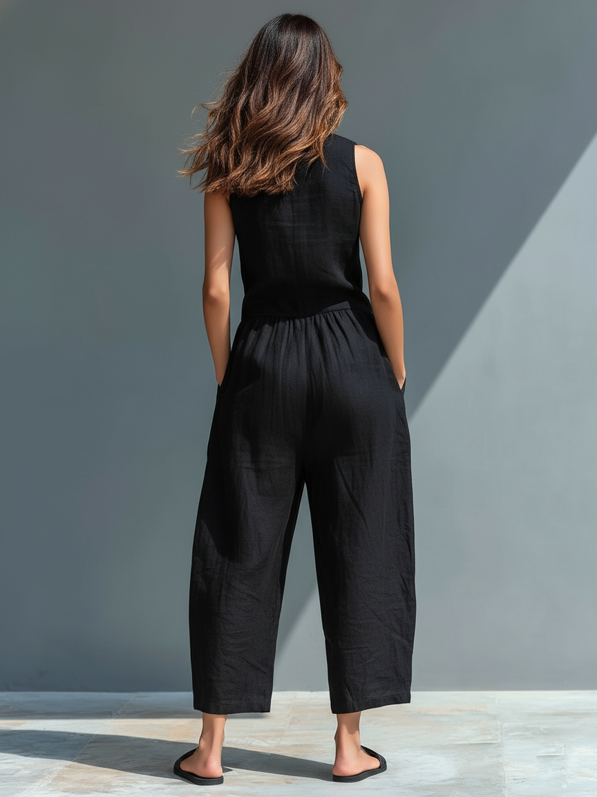 Linen Blend Sleeveless Jumpsuit with Stand Collar for Women - Loose Fit