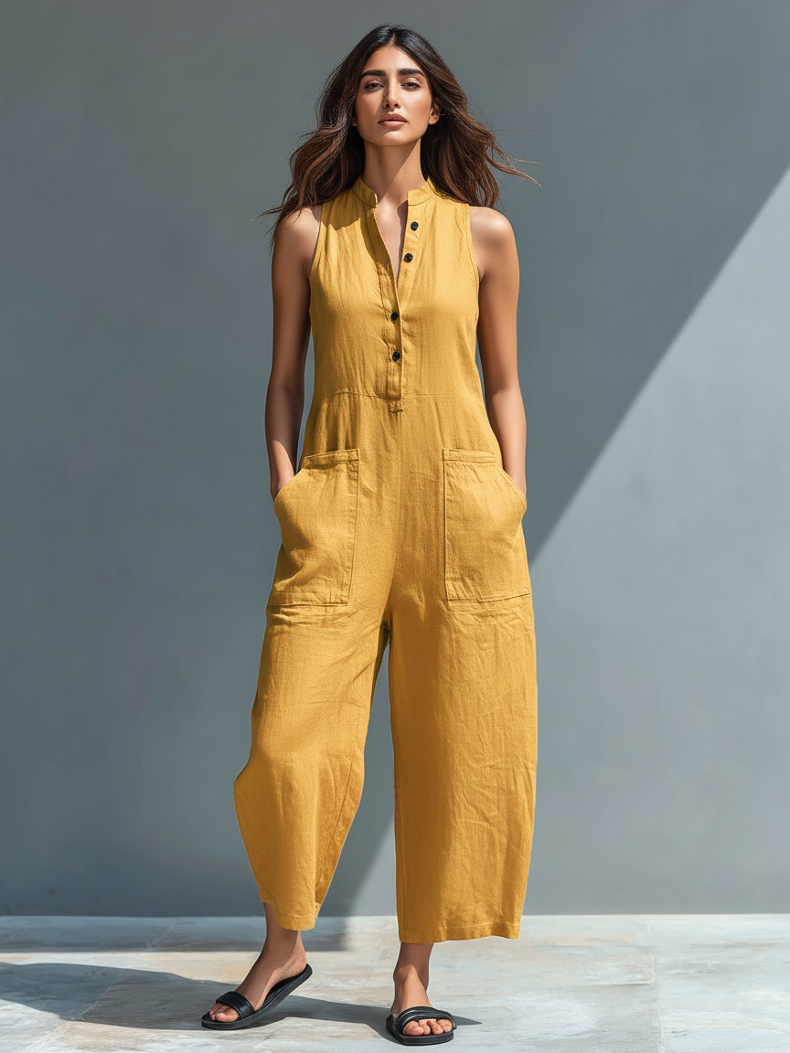 Linen Blend Sleeveless Jumpsuit with Stand Collar for Women - Loose Fit