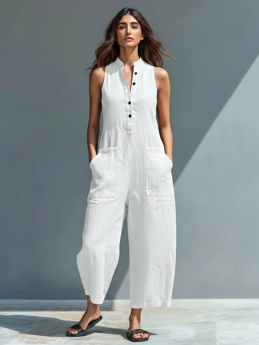 Linen Blend Sleeveless Jumpsuit with Stand Collar for Women - Loose Fit