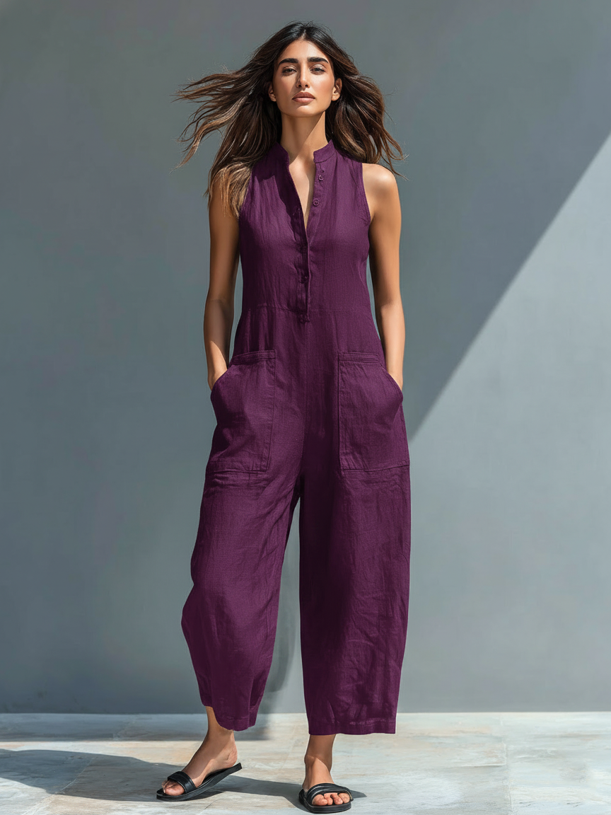 Linen Blend Sleeveless Jumpsuit with Stand Collar for Women - Loose Fit