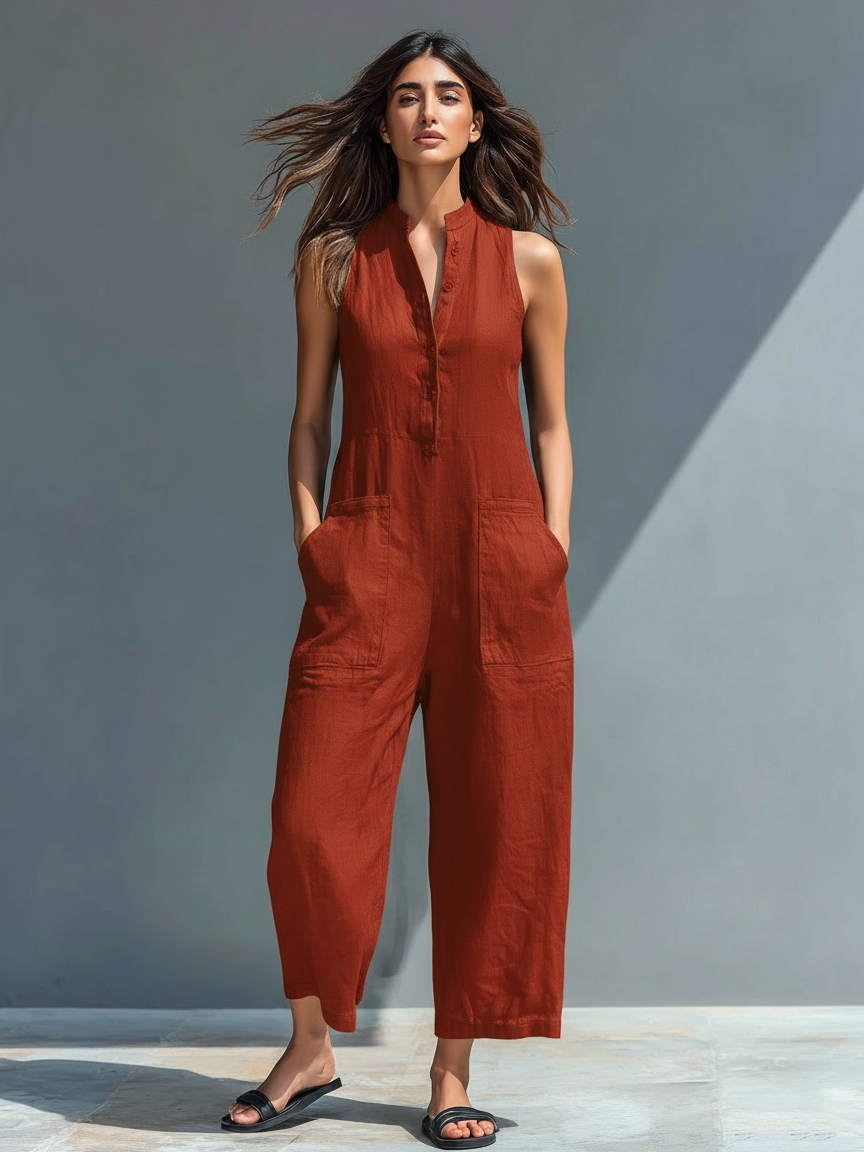 Linen Blend Sleeveless Jumpsuit with Stand Collar for Women - Loose Fit