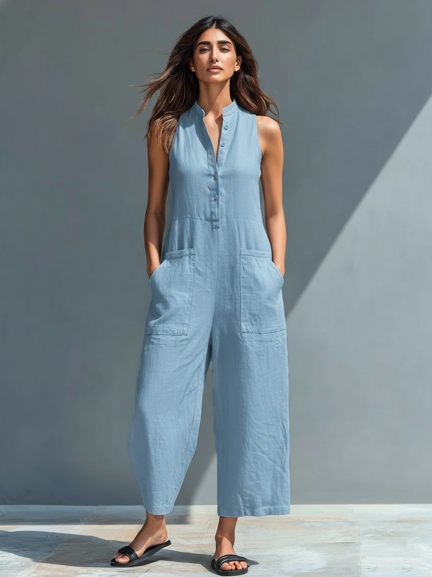 Linen Blend Sleeveless Jumpsuit with Stand Collar for Women - Loose Fit