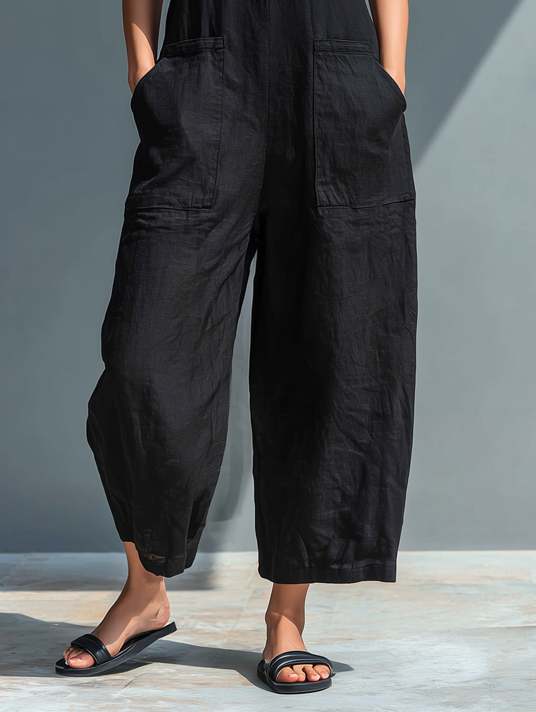 Linen Blend Sleeveless Jumpsuit with Stand Collar for Women - Loose Fit