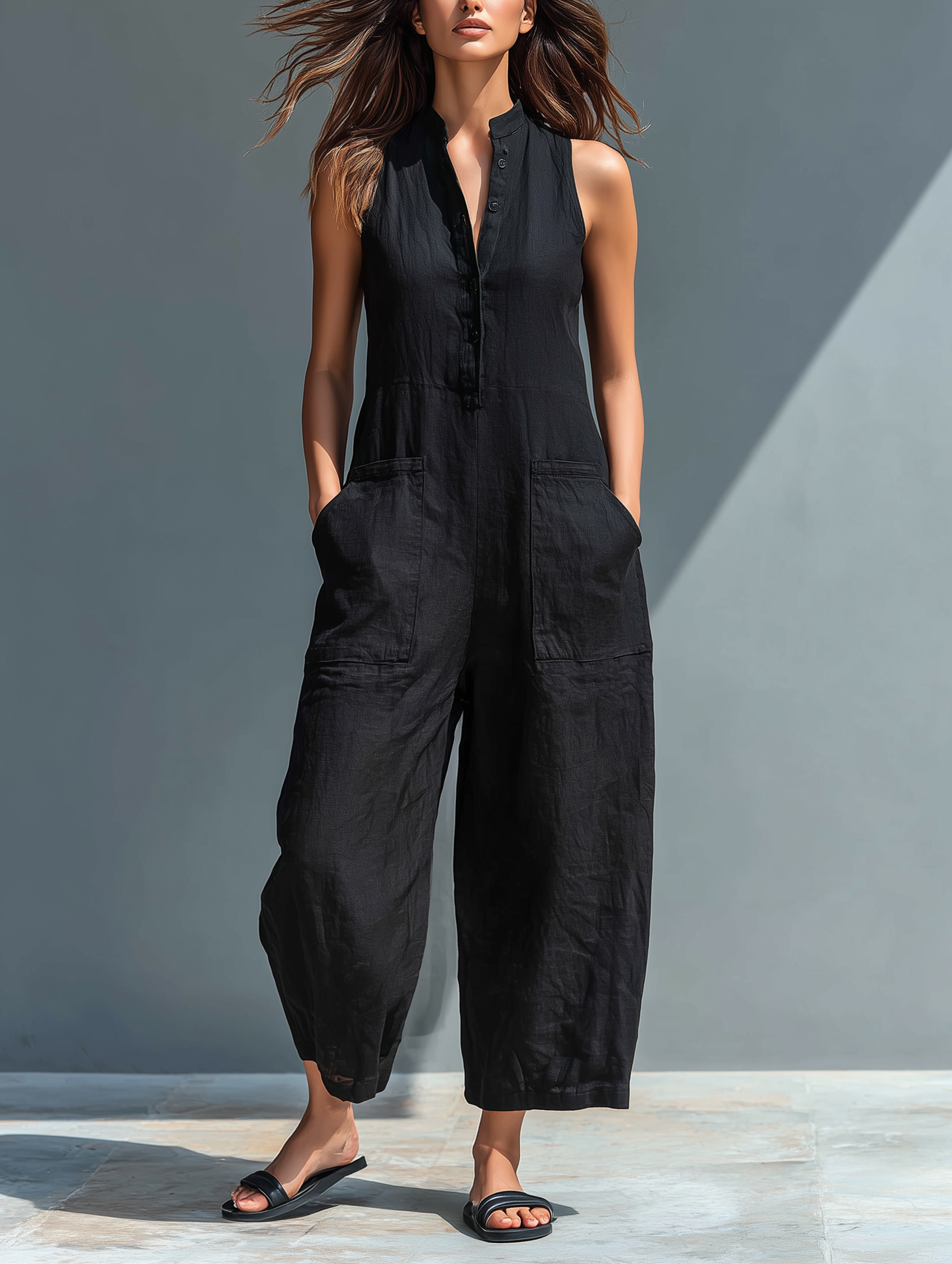 Linen Blend Sleeveless Jumpsuit with Stand Collar for Women - Loose Fit